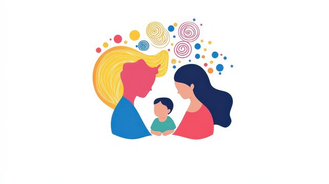 Abstract illustration of two mothers embracing a child surrounded by colorful swirls and circles, symbolizing love, family connection, and nurturing relationships in a vibrant design