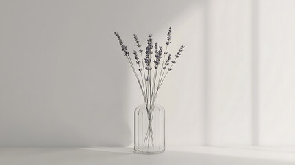 minimalist arrangement of lavender stems in clear glass vase creates serene and calming atmosphere. soft light enhances delicate beauty of lavender, making it perfect decor piece