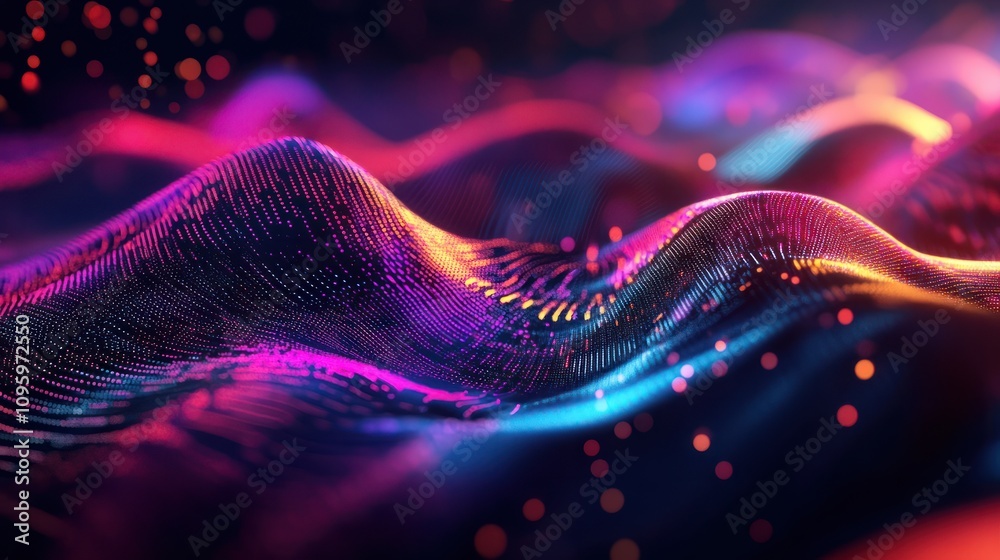 Poster vibrant visualization of a fluctuating data graph with colorful digital patterns in a high-tech envi