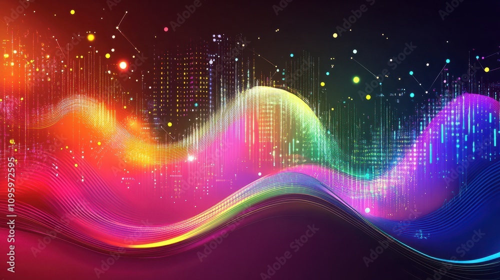 Poster vibrant visualization of a fluctuating data graph with colorful digital patterns in a high-tech envi
