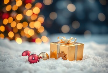 Festive Gold Gift Box in Snowy Winter Scene with Christmas Tree Lights