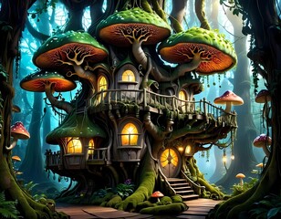 Obraz premium illustration of mystical fantasy tree house in giant tree with amazing composition and dramatic lighting.