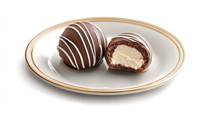 Delicious chocolate truffles with creamy filling on elegant plate
