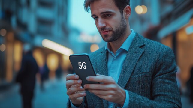 Young businessman using a smartphone with the new 5G mobile network. Urban scene in the street and empty copy space for Editor's text.