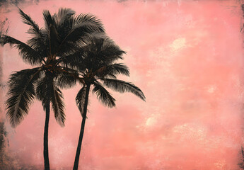 Vintage sunset with palm trees, pink sky.