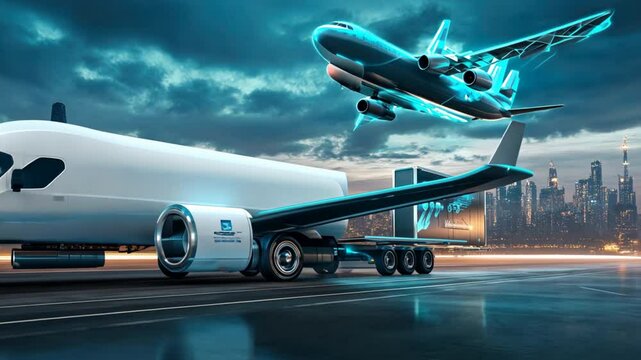 Carbon-free transport solutions using electric planes and hydrogen trucks for sustainable logistics.