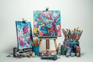 Naklejka premium Artist's studio: colorful paintings, brushes, paints.