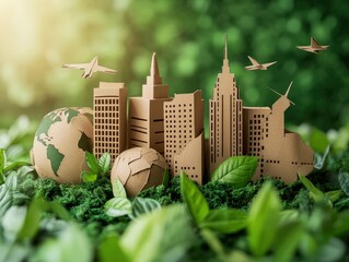 A creative representation of eco-friendly cities made from cardboard, surrounded by lush greenery and globes.