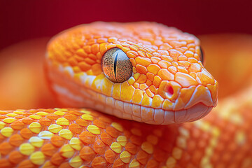 Fototapeta premium A luxurious golden-scaled snake against a bold crimson backdrop, perfect for New Year greeting cards and promotional materials celebrating elegance and nature.
