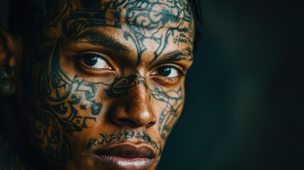 Obraz premium Portrait of an individual with a face partly adorned by bold, intricate tattoos, each marking significant moments in their life, blending art with identity
