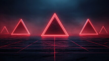 Anti tracking security concept. A surreal digital scene featuring glowing red triangular shapes against a dark, foggy background, creating a futuristic and atmospheric effect.