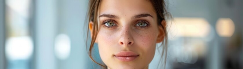 Obraz premium Confident woman with captivating gaze in modern interior setting.