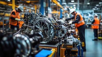 Fototapeta premium Team of engineers in safety gear fine-tuning equipment on a busy production line, surrounded by large machines and assembly tools, with a focus on teamwork and precision in a well-lit, industrial sett