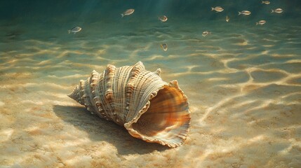Seashell on sandy ocean floor with sunlight and fish.