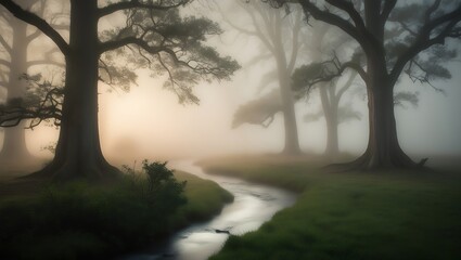 Misty Morning Forest Landscape with Stream and Soft Sunlight