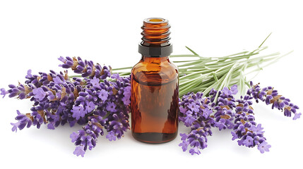 Lavender oil extract in glass dropper bottle surrounded by fresh lavender flowers, creating calming and aromatic atmosphere. Perfect for relaxation and wellness