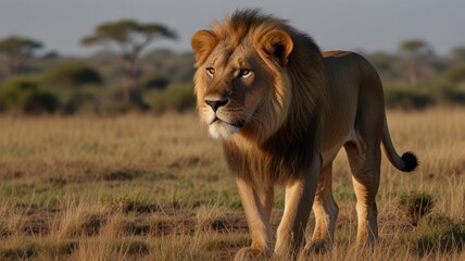 Naklejka premium Majestic male lion walking in savanna grassland at sunrise.