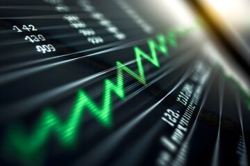 A close-up of a digital stock market graph with green upward trends.