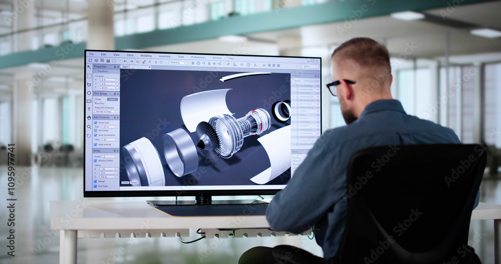 Aufkleber male engineer developing mechanical parts using 3d cad software on laptop
