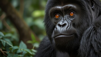 Obraz premium Close-up portrait of a mountain gorilla in lush forest.
