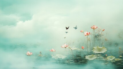 Tranquil Lotus Pond with Dragonflies and Butterflies