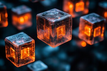 Futuristic Glowing Cubes with Orange Luminescence Floating in a Dark Abstract Background Representing Innovation and Technology Concepts