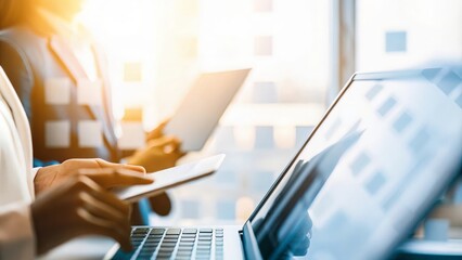 Professionals collaborating over digital tools with a blurred office ambiance.
