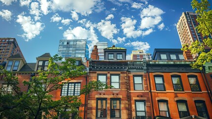 Fototapeta premium A view of Boston's skyline with modern skyscrapers and historic buildings.