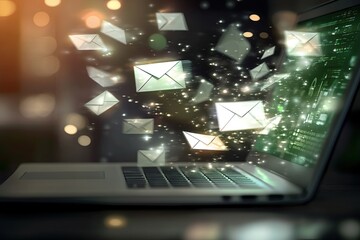 Digital Mail Surge: A Laptop Screen with Emails Flying