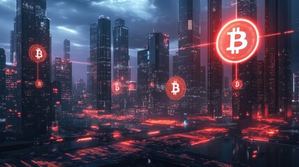A futuristic cityscape with cryptocurrency symbols integrated into the architecture
