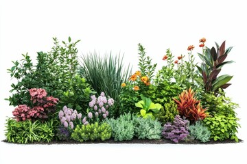 Lush garden border, diverse plants, vibrant blooms.
