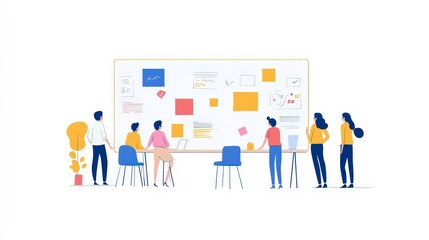 Collaborative Team Meeting in a Creative Workspace with Colorful Charts, Notes, and Presentations for Innovative Idea Generation and Business Strategy Development