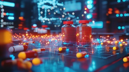 pharmaceutical distribution showing the global healthcare supply network, with digital connections and holographic icons of medicine and equipment