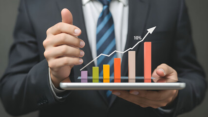 Businessman holding of bar graph with percentage financial banking and chart growth business concept