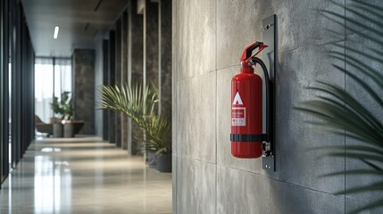 A red fire extinguisher mounted on a gray wall in a contemporary office hallway