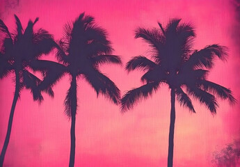 Vintage sunset with palm trees, pink sky.