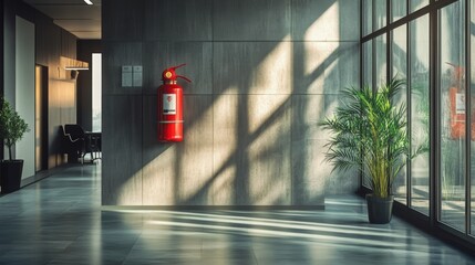 A red fire extinguisher mounted on a gray wall in a contemporary office hallway