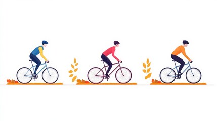 Obraz premium Illustration of Three Cyclists Riding Bicycles in Style with Colorful Autumn Leaves on White Background for Creative Design and Marketing Projects