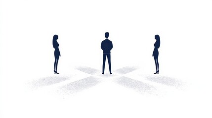 Fototapeta premium Abstract representation of a decision-making scenario with two women and a man standing in a triangular formation on a light background, symbolizing choices and relationships.