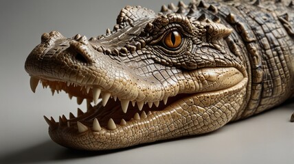 Obraz premium Close-up of a young alligator's head and mouth, showcasing its textured skin and sharp teeth against a neutral background.