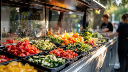 Vegan Bowls and Mobile Kitchen. A vibrant food stall featuring fresh vegetables and fruits, showcasing colorful ingredients ready for preparation.