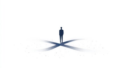A Solitary Figure Standing at a Crossroads in a Minimalist Artistic Illustration Representing Choices and Decisions in a Vast, Open Space