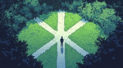 A solitary figure stands in a lush green clearing surrounded by dense foliage, contemplating the path ahead marked by vibrant white lines in an artistic landscape.