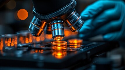 A close-up of a microscope, with its lenses pointing towards an out-of-focus background. 