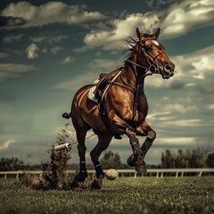 Chestnut polo pony in action, kicking up dirt.