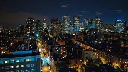 Fototapeta premium Bostonâ€™s skyline at night, with skyscrapers glowing in the city lights.