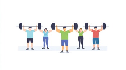 Obraz premium Diverse Group of Young Adults Lifting Weights Together in a Bright, Minimalistic Setting Promoting Fitness, Strength, and Team Spirit in a Health-Conscious Lifestyle