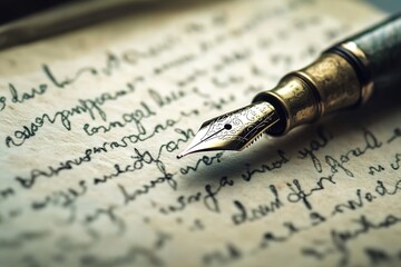 A vintage fountain pen resting on an old-fashioned, handwritten letter, with the inked writing visible in the background