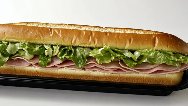 Delicious sub sandwich with layers of ham and fresh lettuce on a soft hoagie roll ready to enjoy for lunch