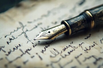A vintage fountain pen resting on an old-fashioned, handwritten letter, with the inked writing visible in the background